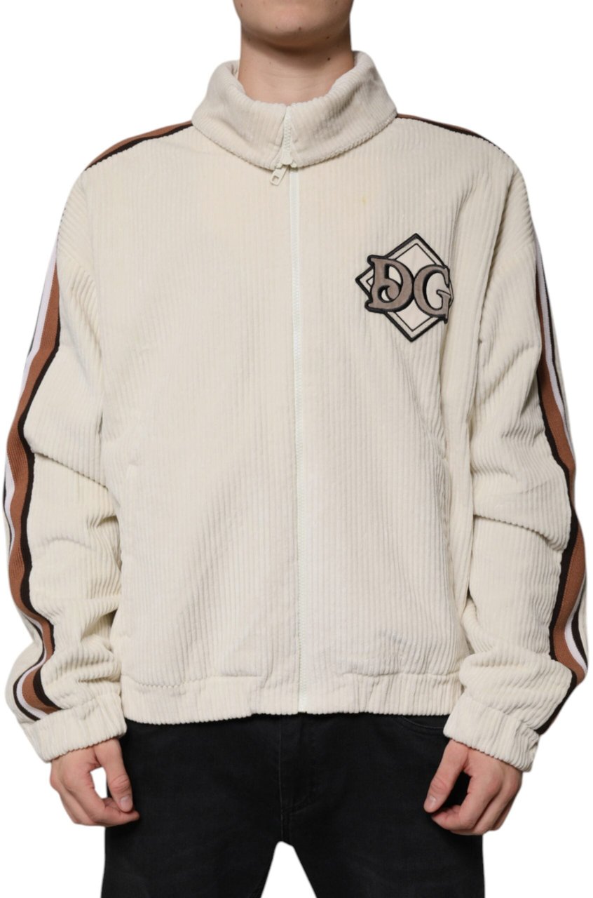 Dolce & Gabbana Beige Logo Applique Cotton Corduroy Full Zip Jacket Beige