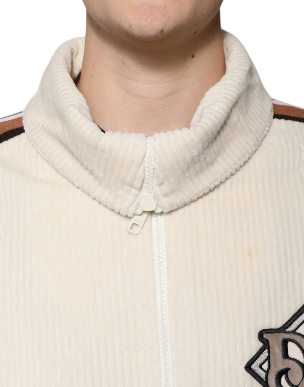 Dolce & Gabbana Beige Logo Applique Cotton Corduroy Full Zip Jacket Beige