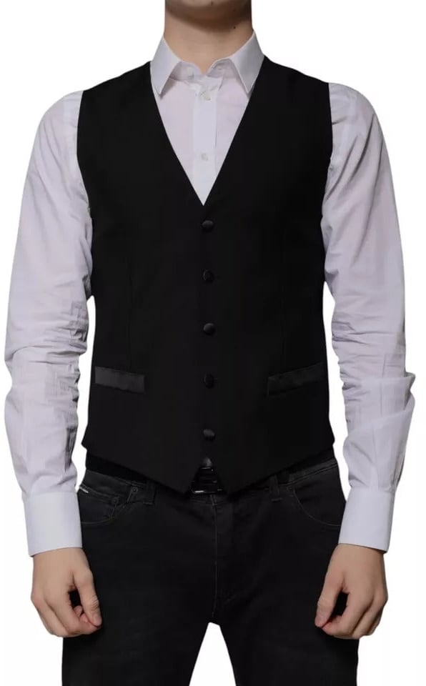 Dolce & Gabbana Black Wool Formal Dress Men Waistcoat Vest Zwart