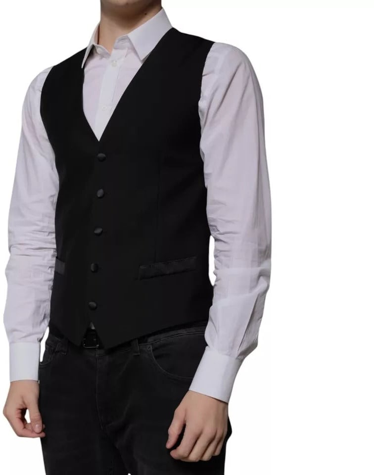 Dolce & Gabbana Black Wool Formal Dress Men Waistcoat Vest Zwart