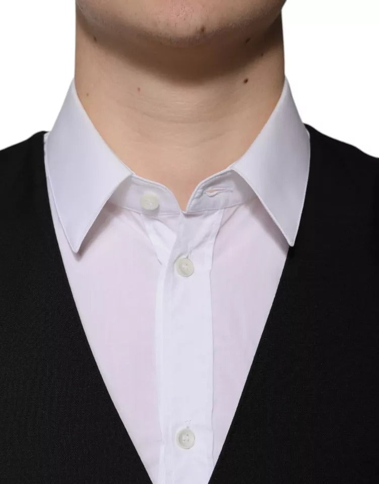 Dolce & Gabbana Black Wool Formal Dress Men Waistcoat Vest Zwart