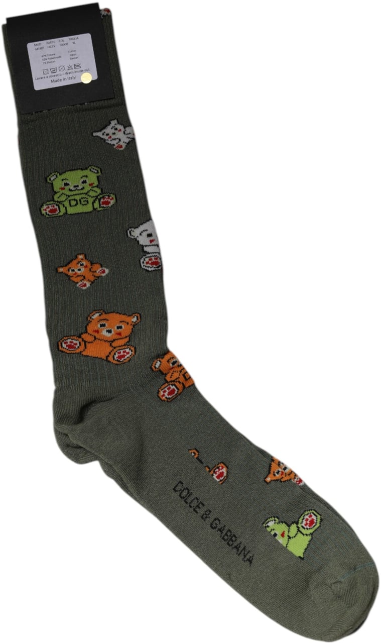 Dolce & Gabbana Green Nylon DG Bear Printed Mid Calf Socks Groen