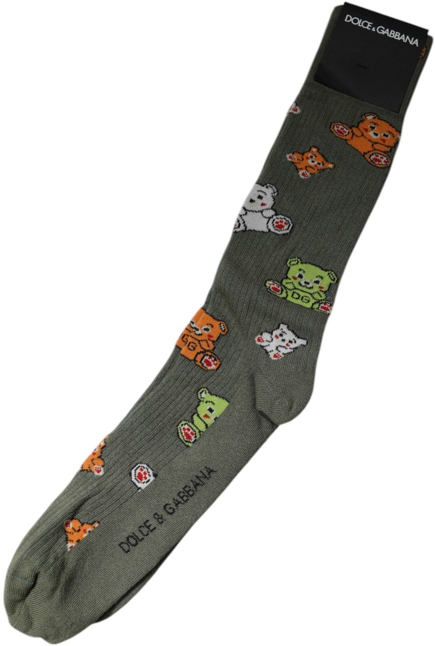 Dolce & Gabbana Green Nylon DG Bear Printed Mid Calf Socks Groen