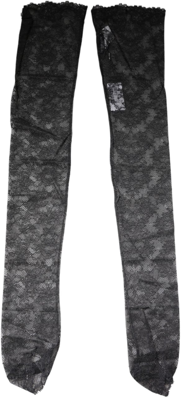 Dolce & Gabbana Black Floral Lace Cotton Stretch Stockings Socks Zwart