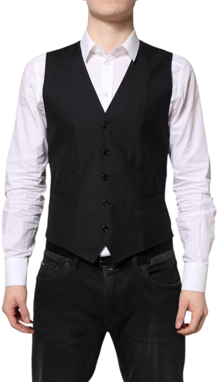 Dolce & Gabbana Black Wool Waistcoat Dress Formal Vest Zwart