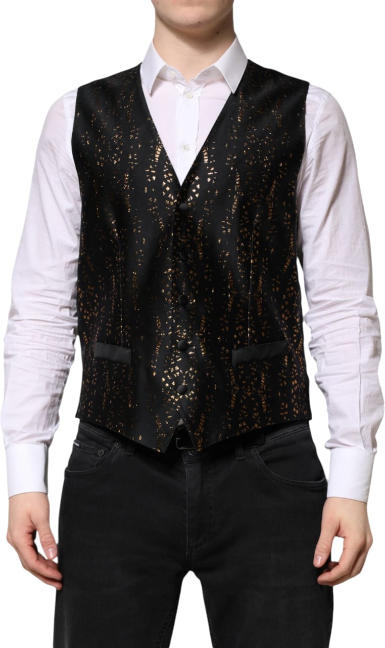 Dolce & Gabbana Black Lurex Dress Formal Men Waistcoat Vest Zwart