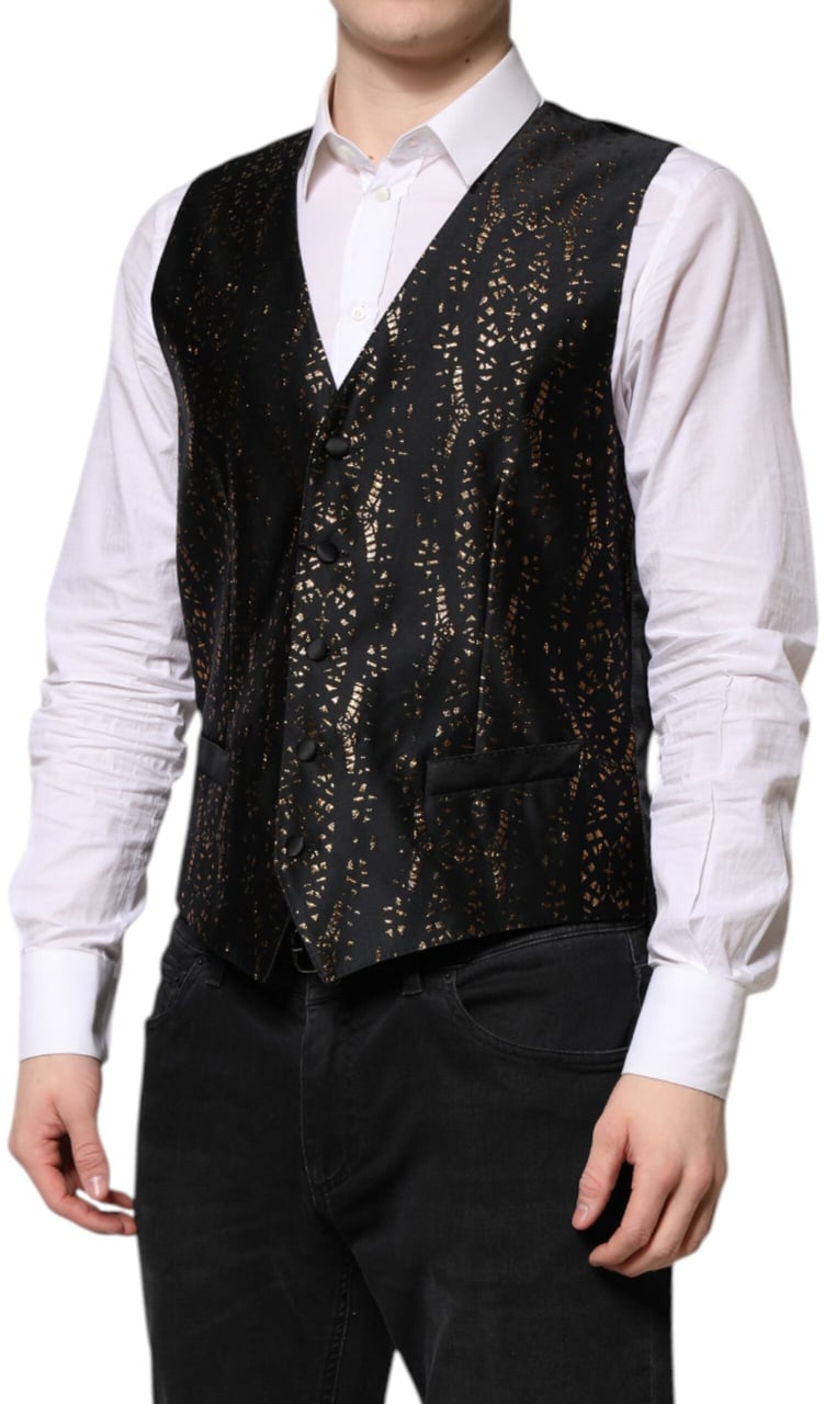 Dolce & Gabbana Black Lurex Dress Formal Men Waistcoat Vest Zwart