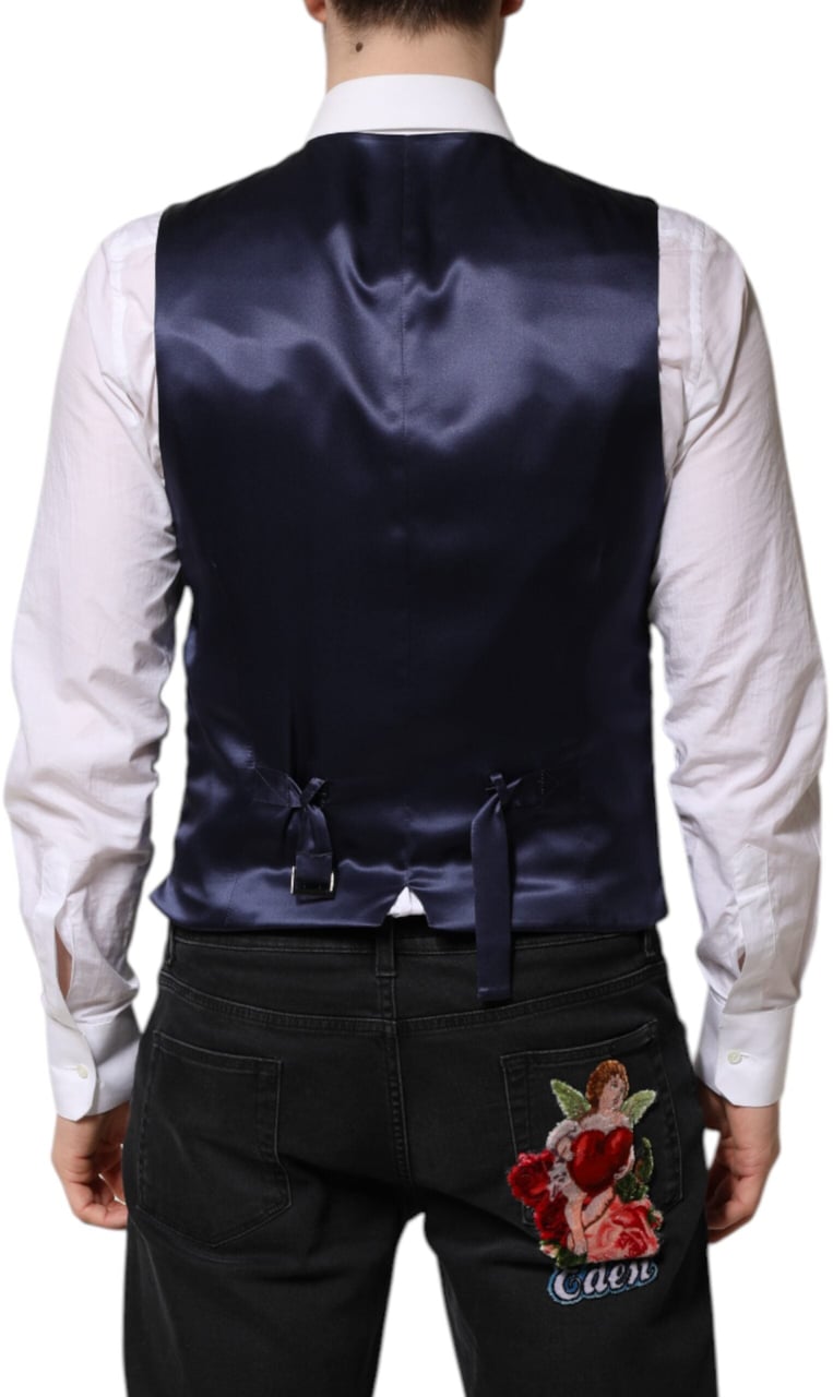 Dolce & Gabbana Dark Blue Logo Wool Formal Men Waistcoat Vest Blauw