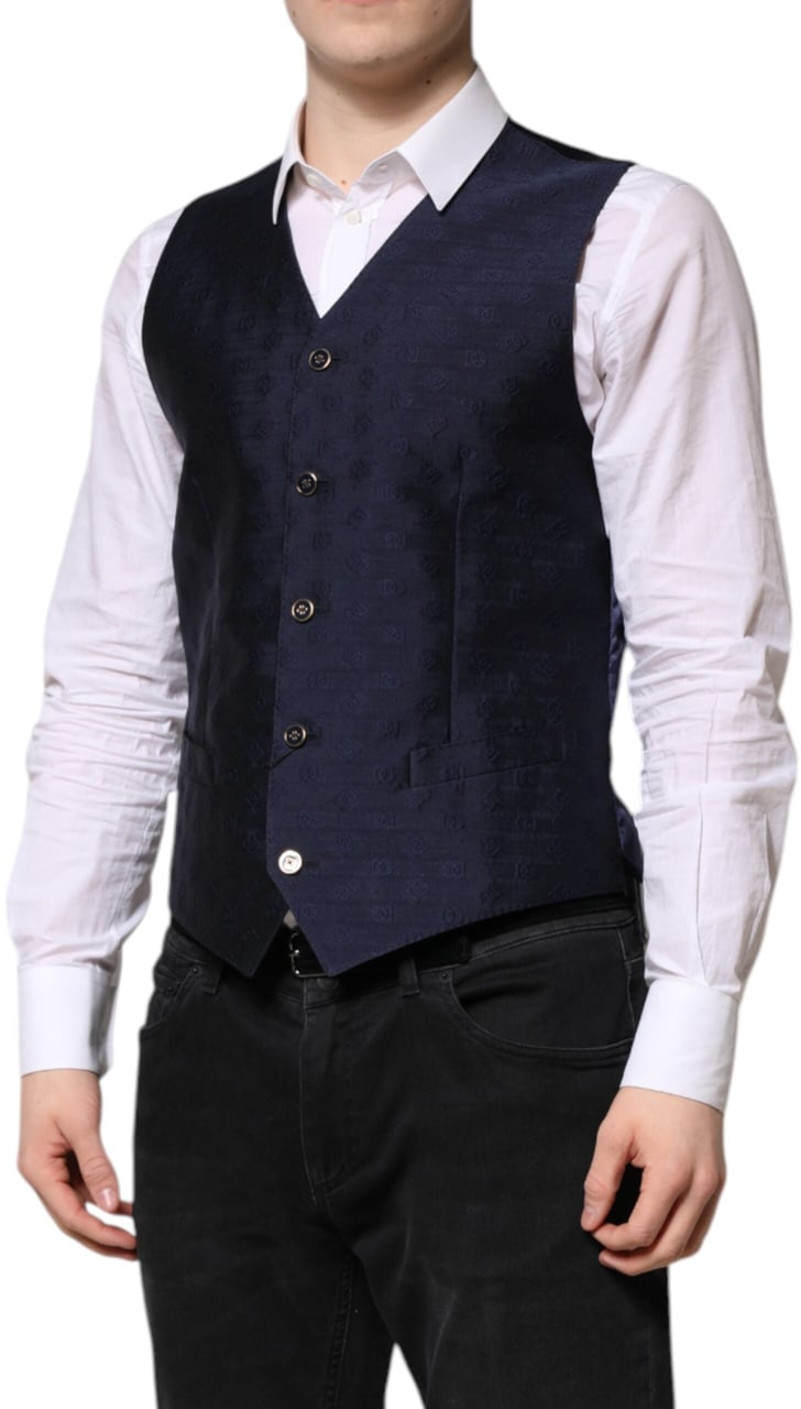 Dolce & Gabbana Dark Blue Logo Wool Formal Men Waistcoat Vest Blauw