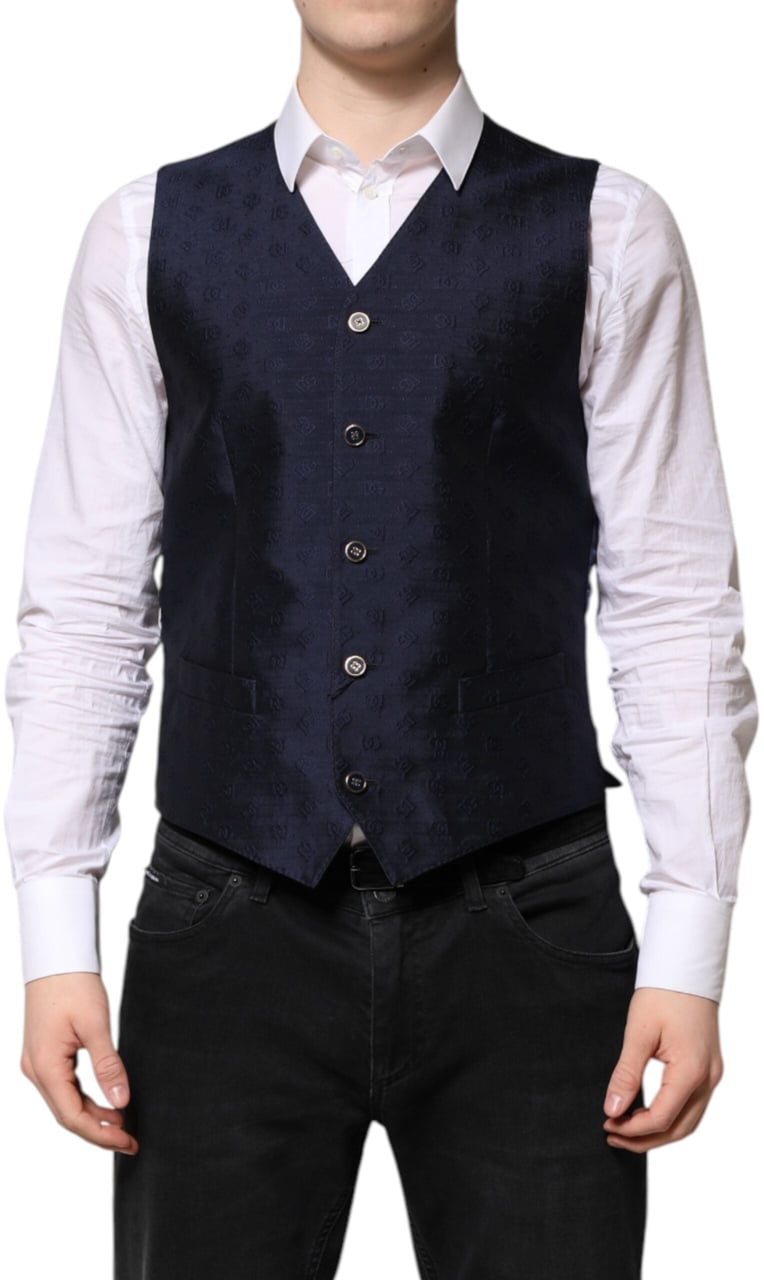 Dolce & Gabbana Dark Blue Logo Wool Formal Men Waistcoat Vest Blauw