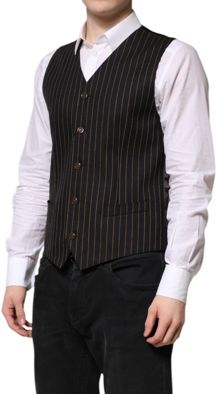 Dolce & Gabbana Black Stripes Wool Formal Men Waistcoat Vest Zwart