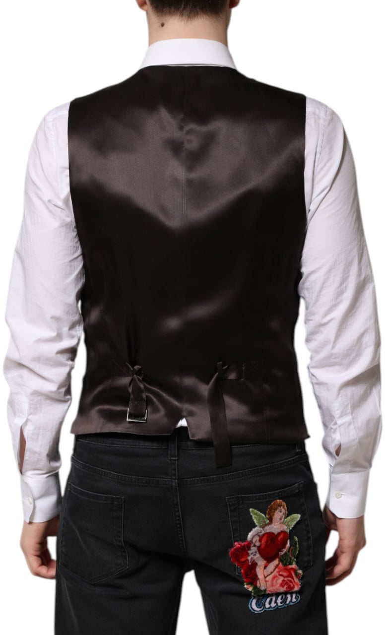 Dolce & Gabbana Black Stripes Wool Formal Men Waistcoat Vest Zwart
