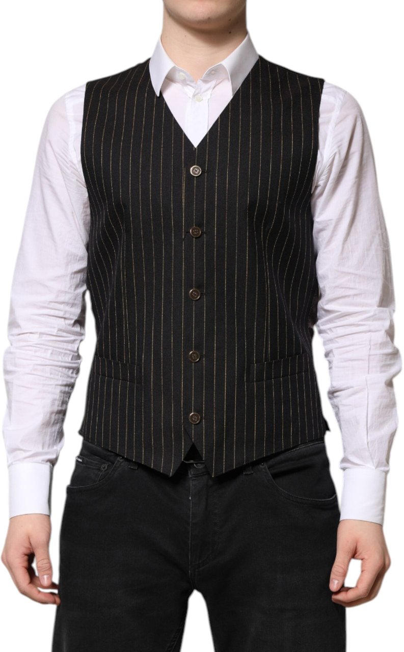 Dolce & Gabbana Black Stripes Wool Formal Men Waistcoat Vest Zwart