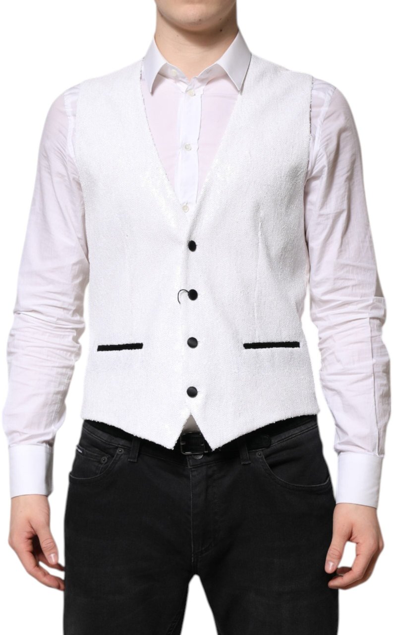 Dolce & Gabbana White Sequined Dress Formal Waistcoat Vest Wit