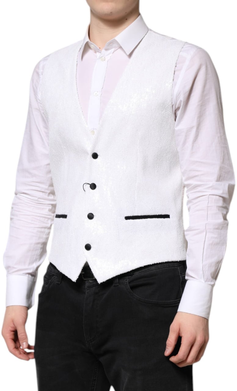 Dolce & Gabbana White Sequined Dress Formal Waistcoat Vest Wit