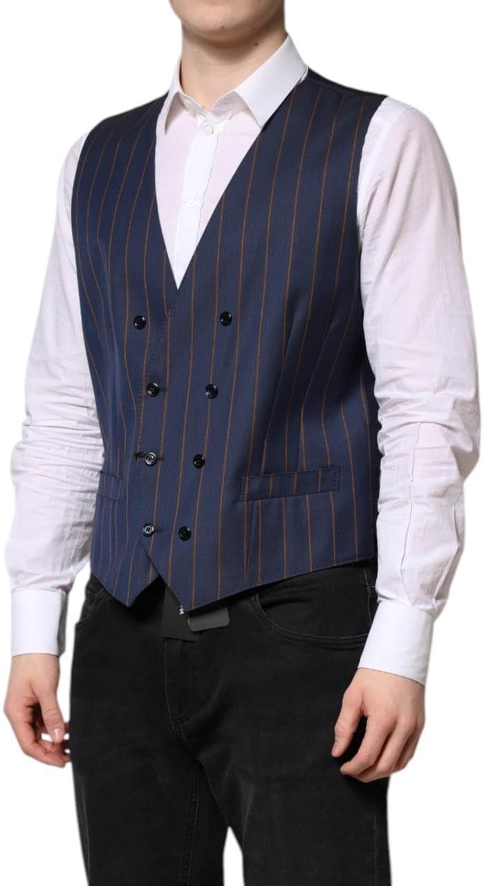Dolce & Gabbana Blue Stripes Wool Formal Men Waistcoat Vest Blauw