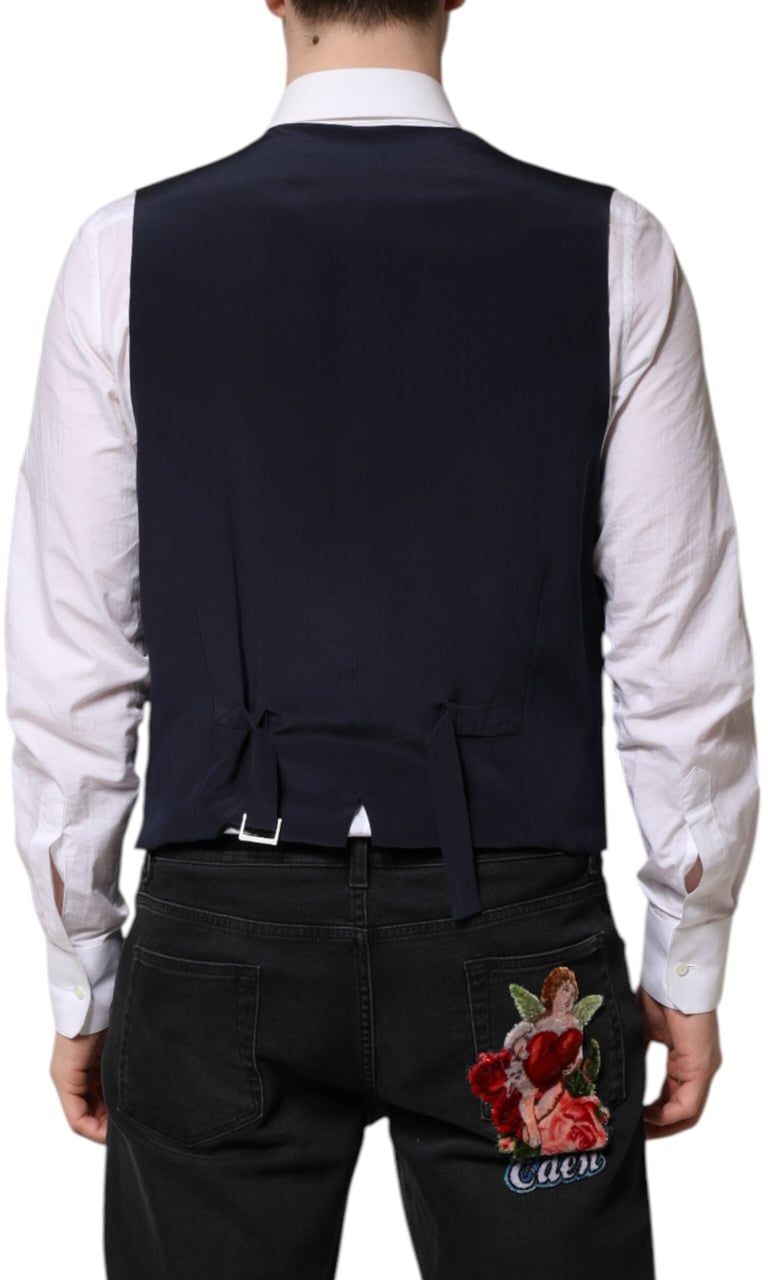 Dolce & Gabbana Blue Stripes Wool Formal Men Waistcoat Vest Blauw