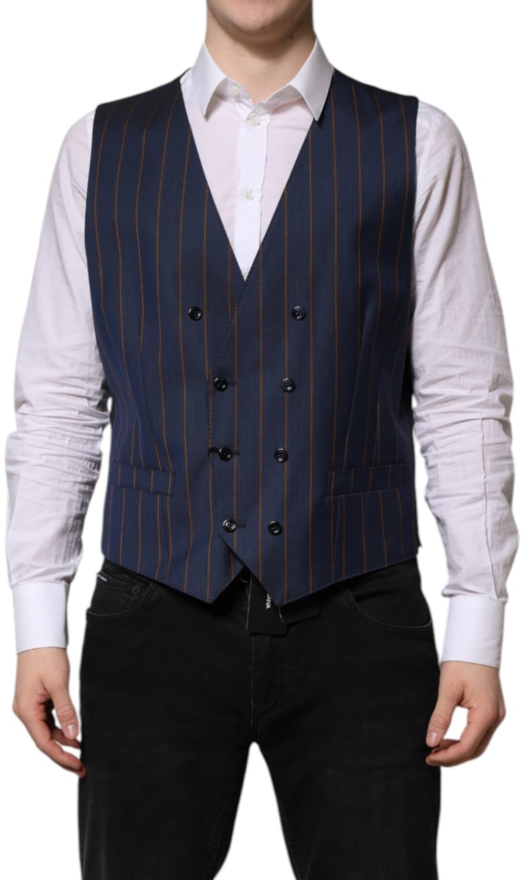 Dolce & Gabbana Blue Stripes Wool Formal Men Waistcoat Vest Blauw