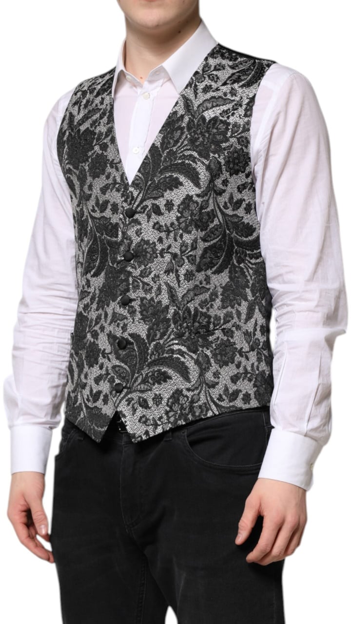Dolce & Gabbana Black Gray Brocade Formal Men Waistcoat Vest Zwart
