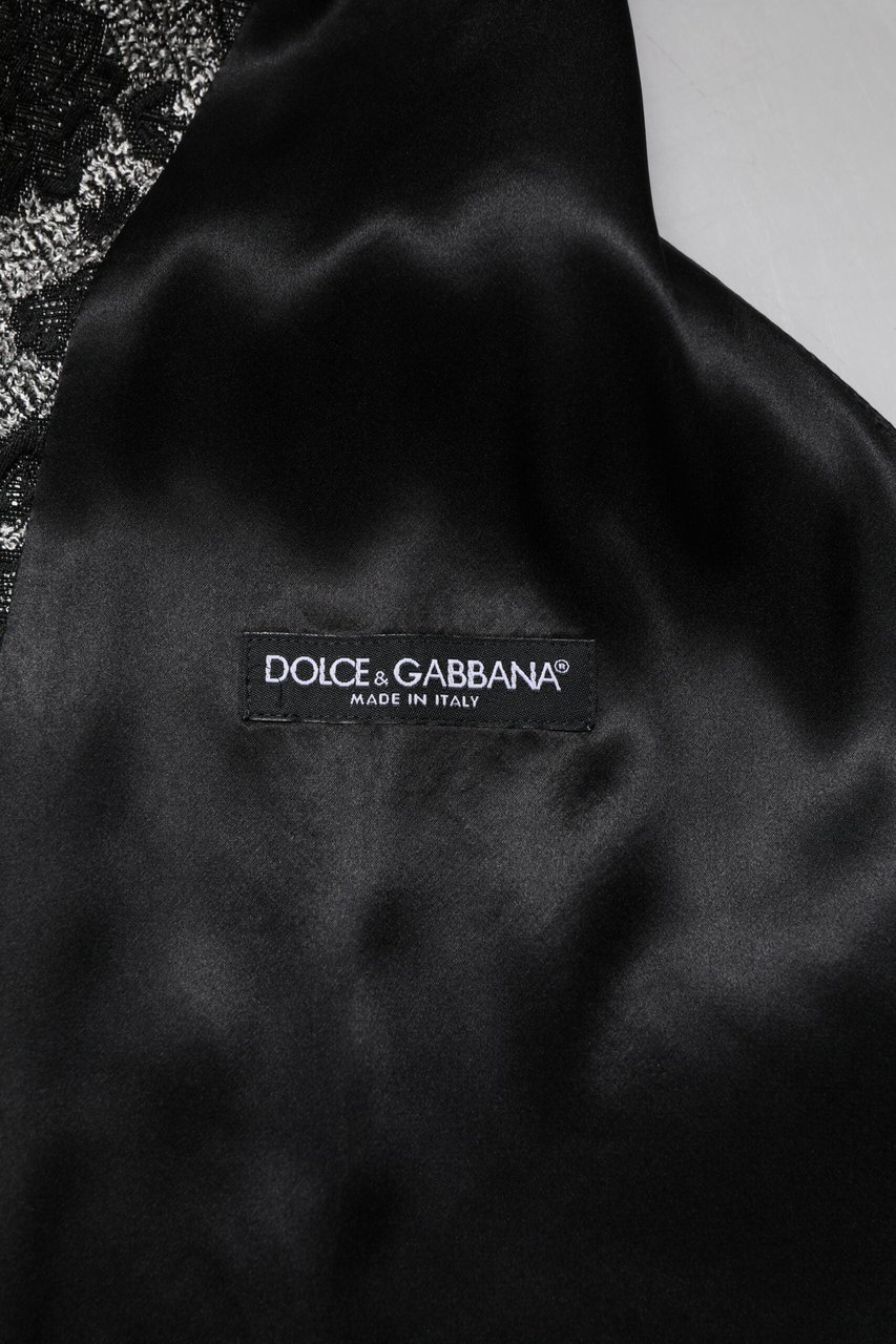 Dolce & Gabbana Black Gray Brocade Formal Men Waistcoat Vest Zwart