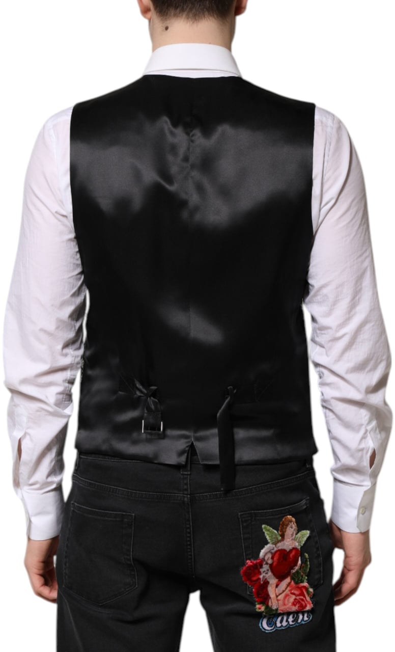Dolce & Gabbana Black Gray Brocade Formal Men Waistcoat Vest Zwart