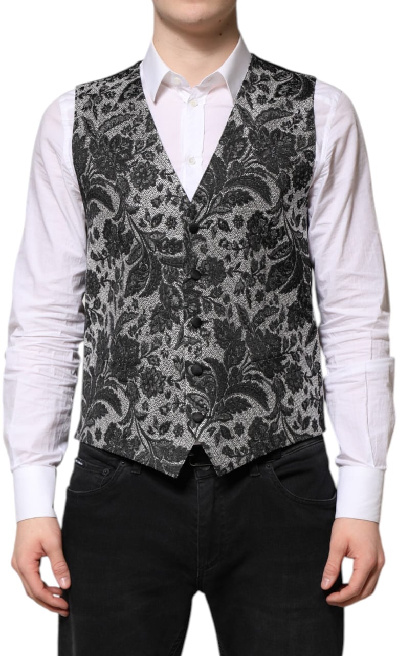 Dolce & Gabbana Black Gray Brocade Formal Men Waistcoat Vest Zwart