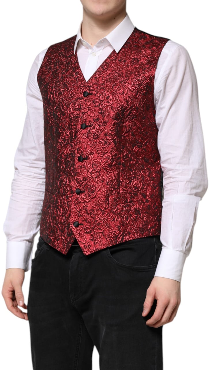 Dolce & Gabbana Red Floral Brocade Formal Men Waistcoat Vest Rood