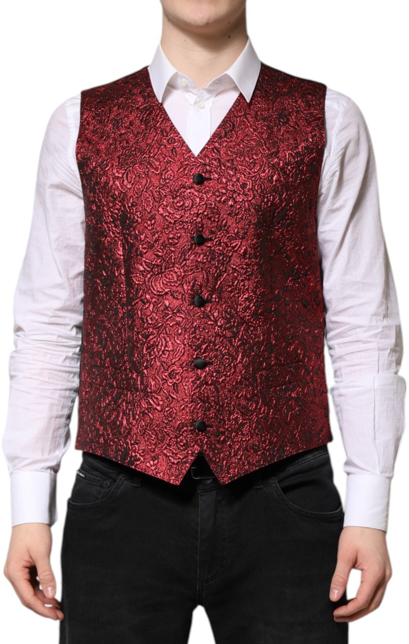 Dolce & Gabbana Red Floral Brocade Formal Men Waistcoat Vest Rood