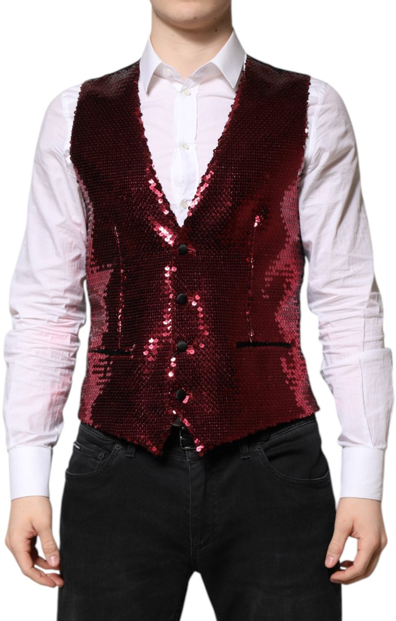 Dolce & Gabbana Red Sequined Dress Formal Men Waistcoat Vest Rood