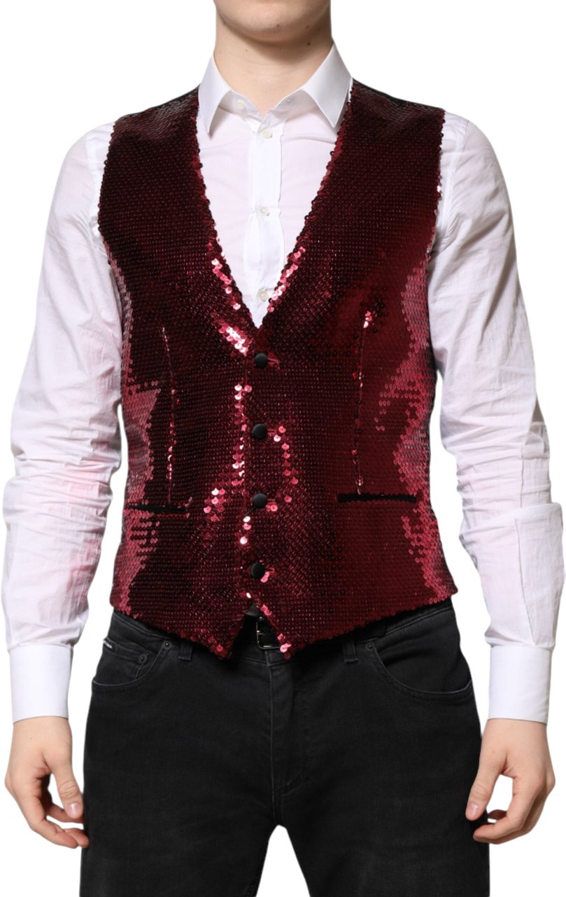 Dolce & Gabbana Red Sequined Dress Formal Men Waistcoat Vest Rood