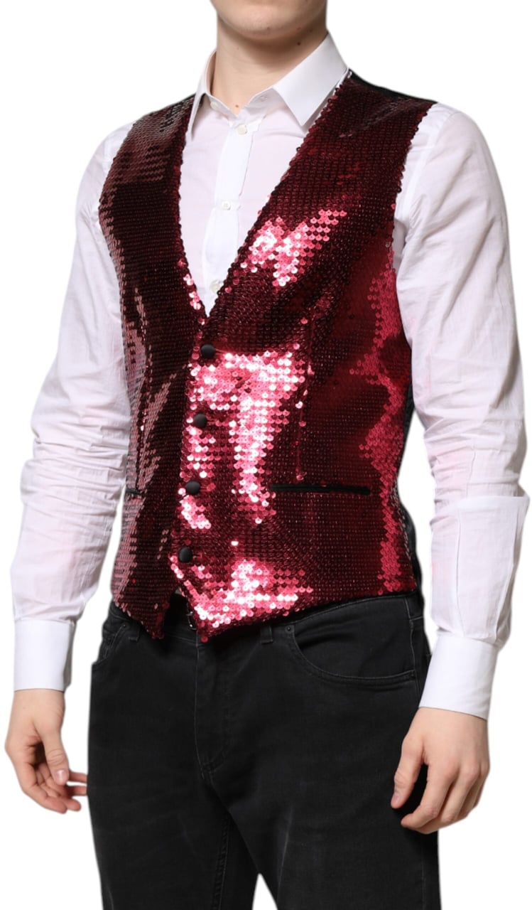 Dolce & Gabbana Red Sequined Dress Formal Men Waistcoat Vest Rood