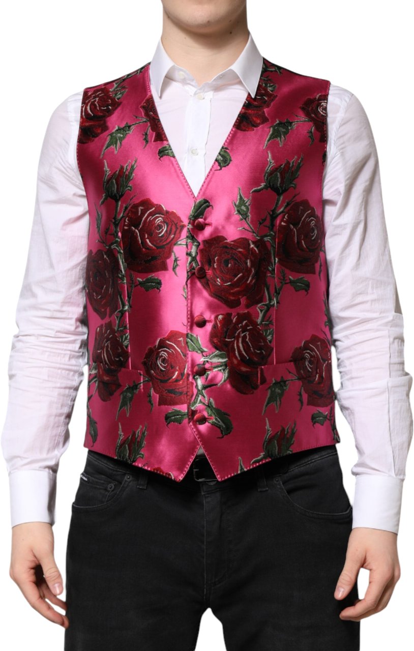 Dolce & Gabbana Pink Floral Satin Formal Men Waistcoat Vest Roze