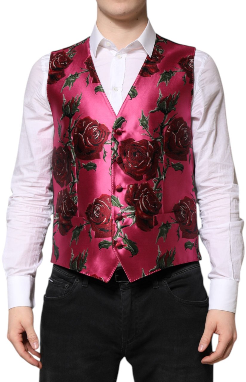 Dolce & Gabbana Pink Floral Satin Formal Men Waistcoat Vest Roze