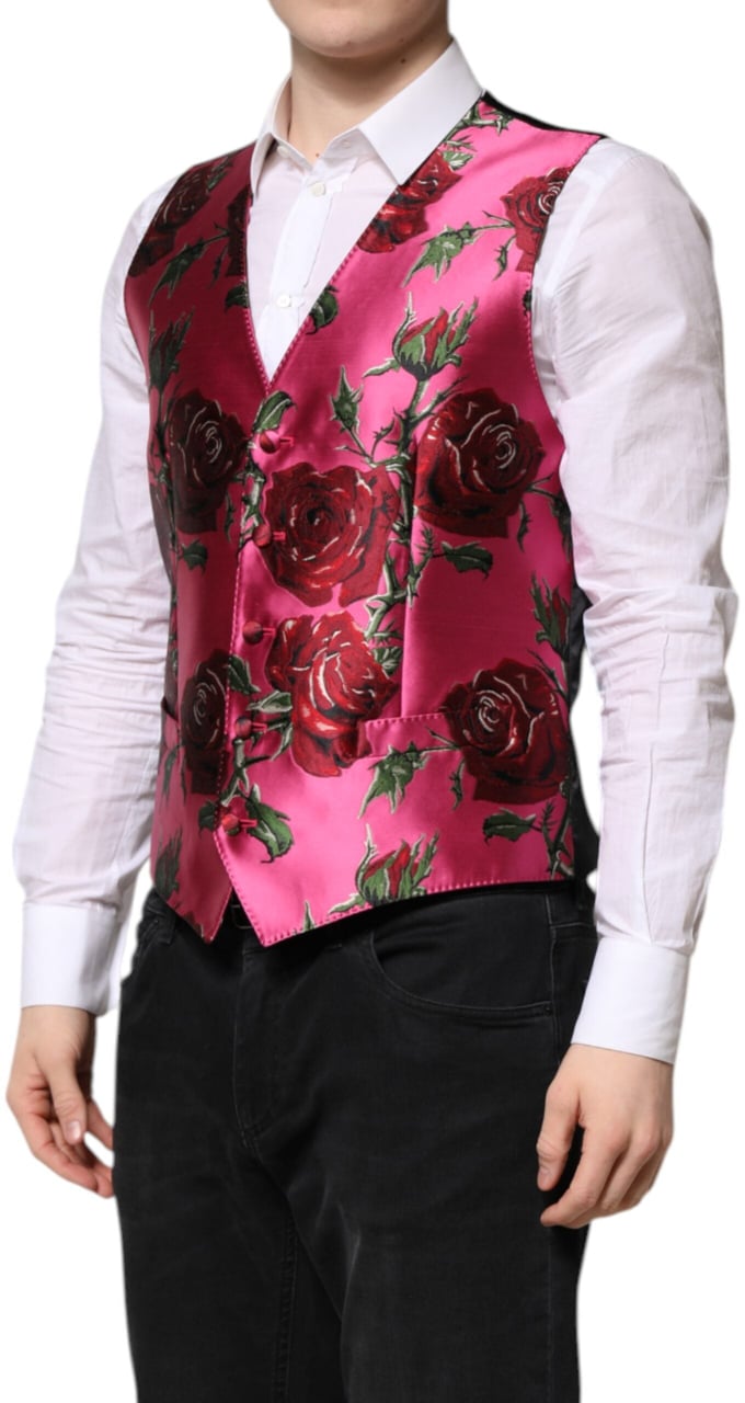 Dolce & Gabbana Pink Floral Satin Formal Men Waistcoat Vest Roze