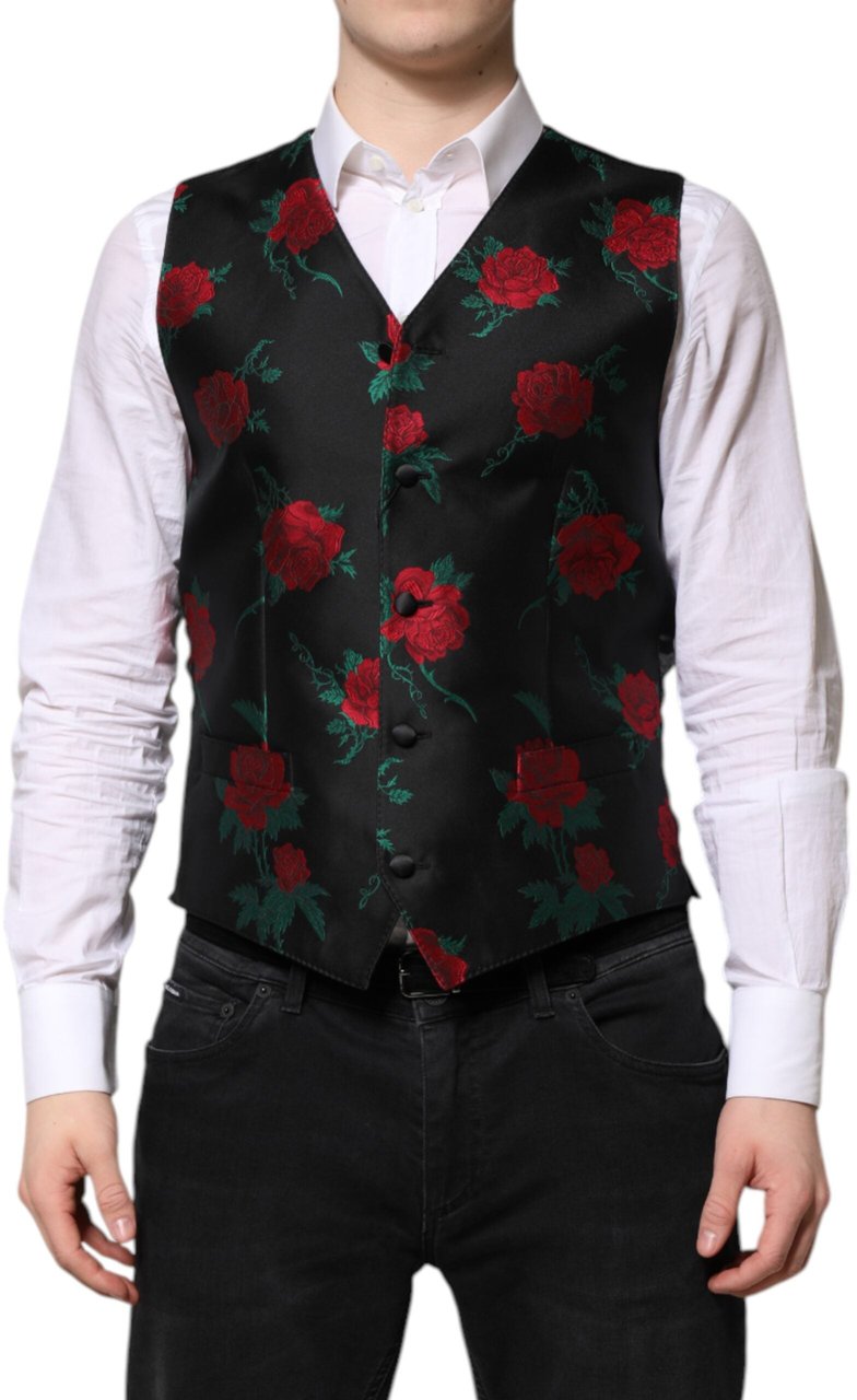 Dolce & Gabbana Red Floral Brocade Formal Men Waistcoat Vest Zwart