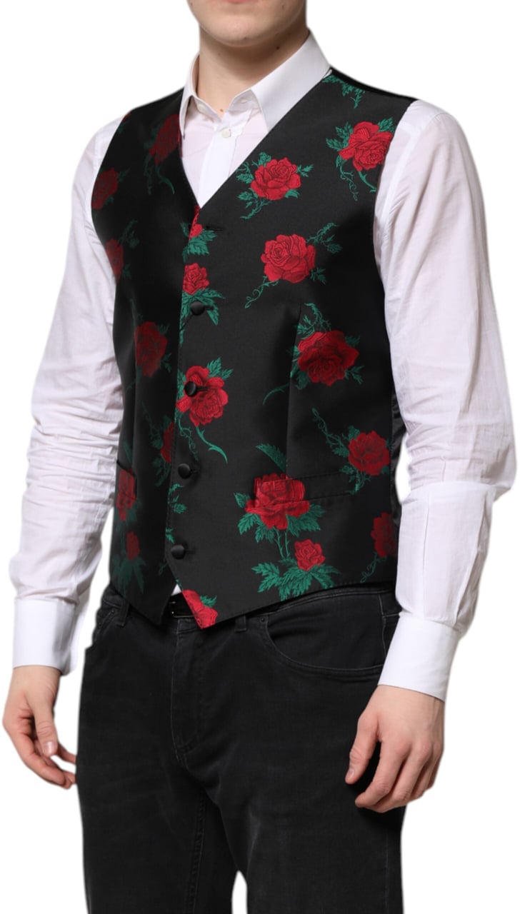 Dolce & Gabbana Red Floral Brocade Formal Men Waistcoat Vest Zwart