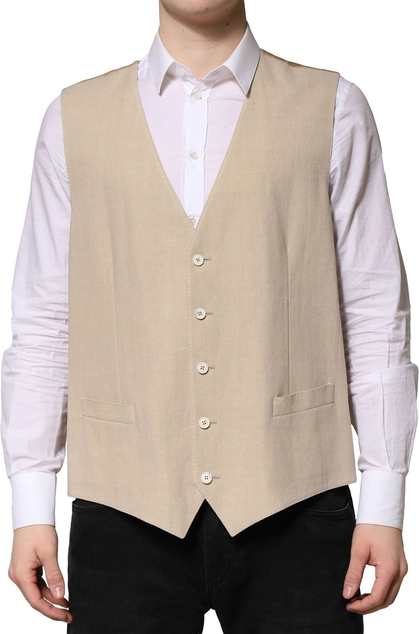 Dolce & Gabbana Beige Linen Dress Formal Men Waistcoat Vest Beige
