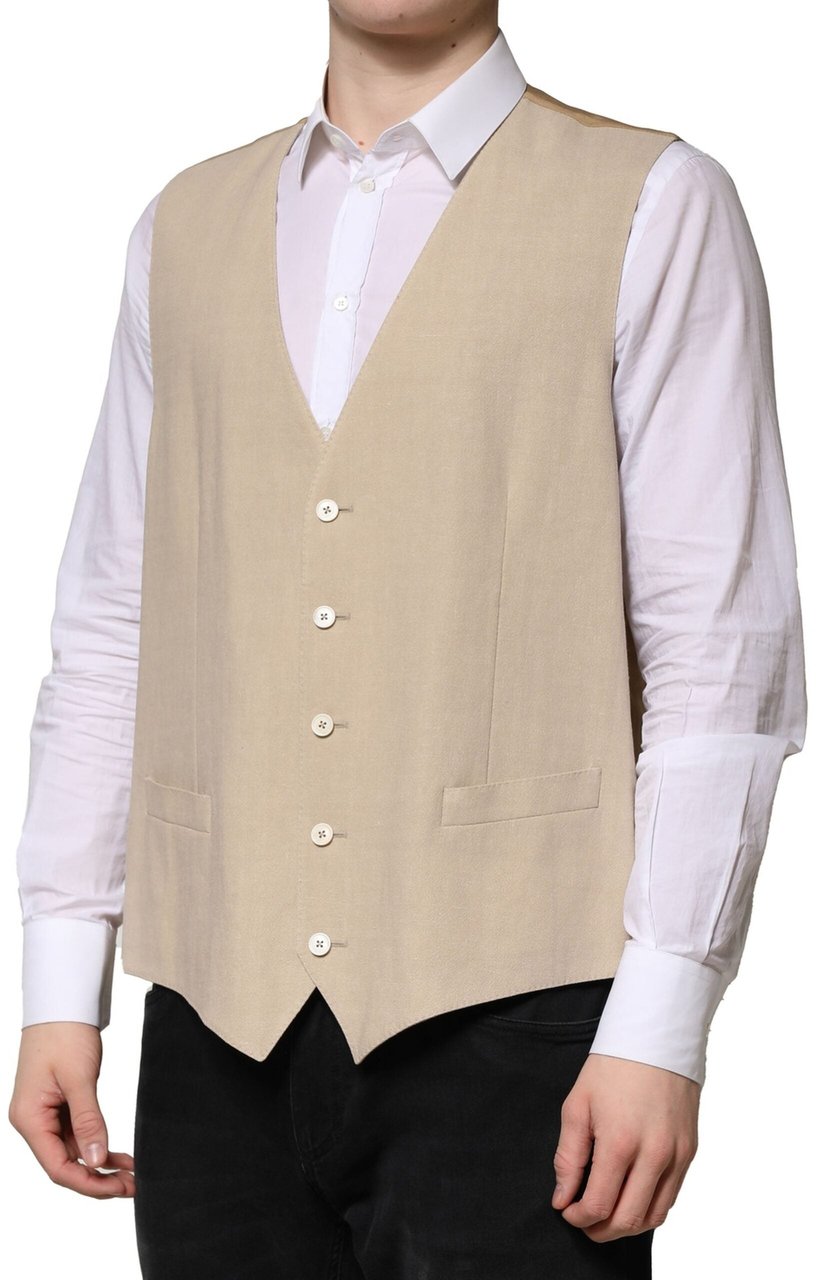 Dolce & Gabbana Beige Linen Dress Formal Men Waistcoat Vest Beige
