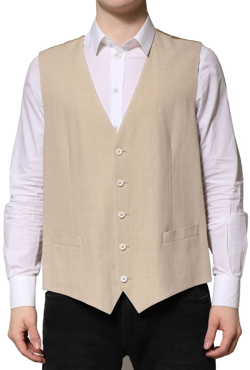 Dolce & Gabbana Beige Linen Dress Formal Men Waistcoat Vest Beige