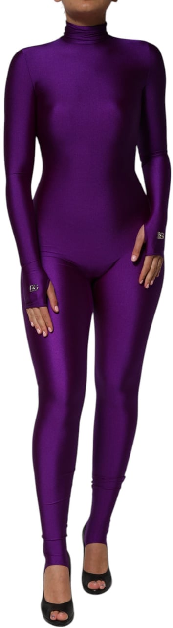 Dolce & Gabbana Purple Nylon Turtleneck Bodycon Jumpsuit Dress Paars