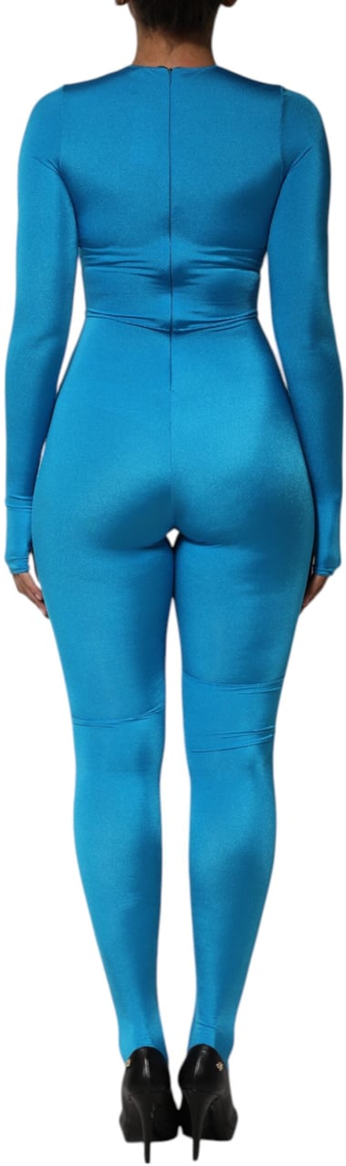 Dolce & Gabbana Blue Nylon Crew Neck Bodycon Jumpsuit Dress Blauw