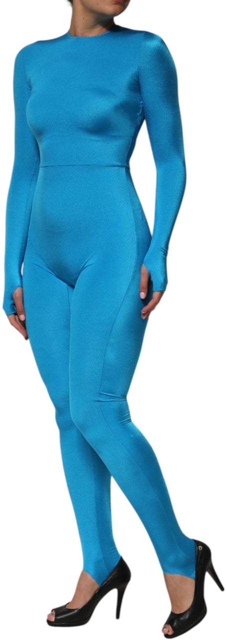 Dolce & Gabbana Blue Nylon Crew Neck Bodycon Jumpsuit Dress Blauw