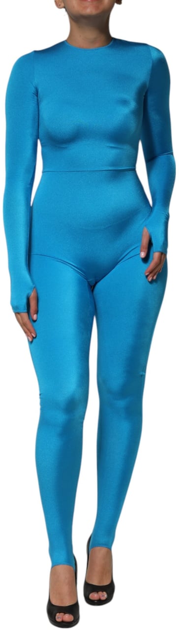 Dolce & Gabbana Blue Nylon Crew Neck Bodycon Jumpsuit Dress Blauw
