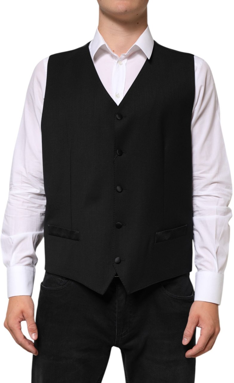 Dolce & Gabbana Black Wool Dress Formal Men Waistcoat Vest Zwart