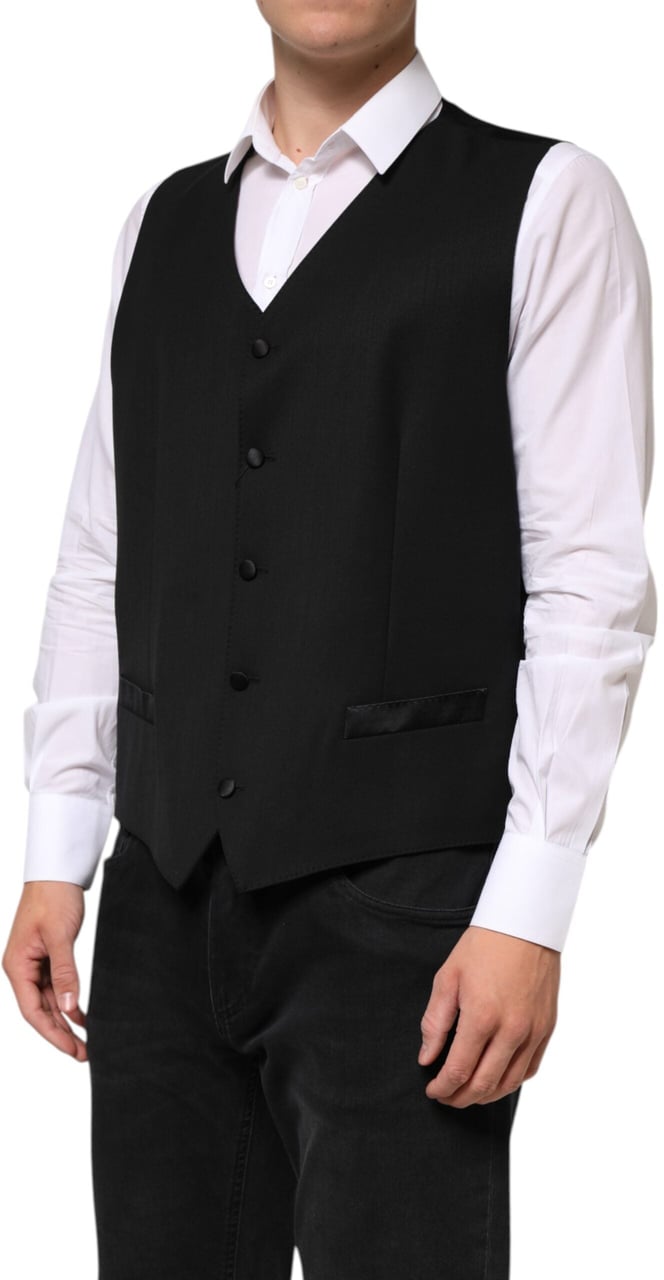 Dolce & Gabbana Black Wool Dress Formal Men Waistcoat Vest Zwart