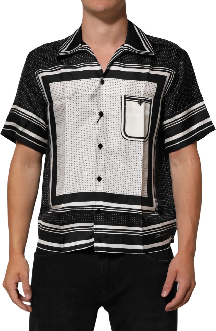 Dolce & Gabbana Black White StripeDot Print Casual Polo Shirt Zwart