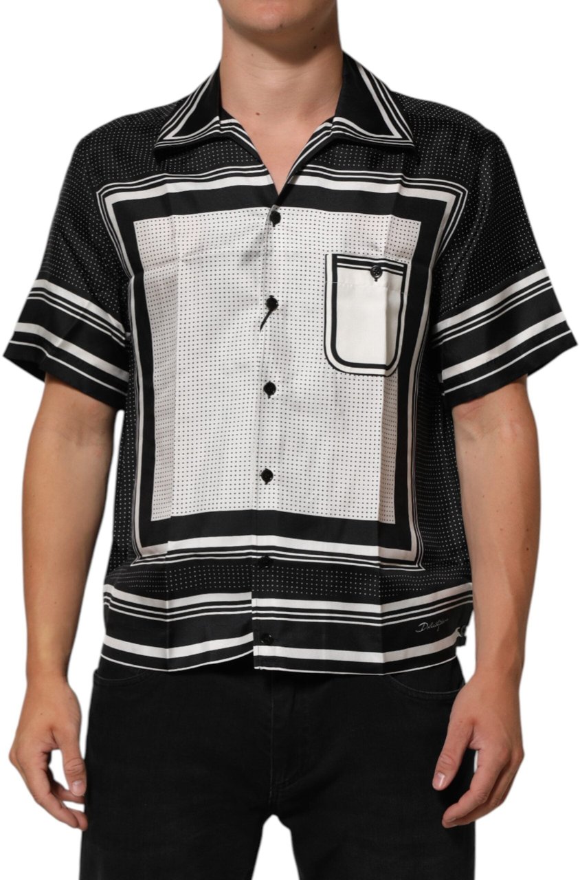 Dolce & Gabbana Black White StripeDot Print Casual Polo Shirt Zwart