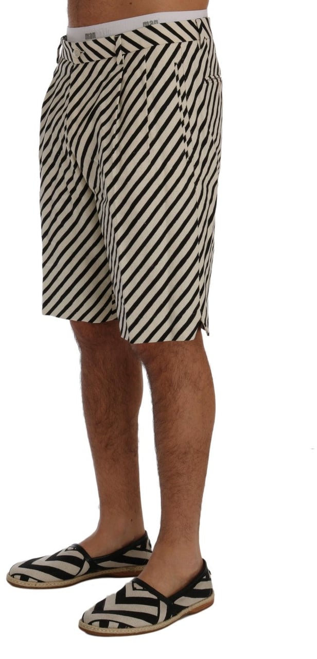 Dolce & Gabbana White Black Striped Hemp Casual Shorts Zwart