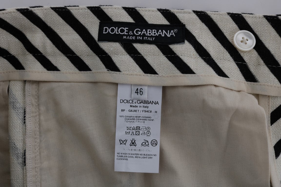 Dolce & Gabbana White Black Striped Hemp Casual Shorts Zwart