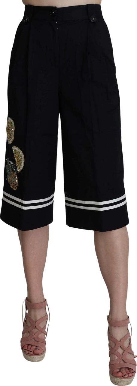 Dolce & Gabbana Black Cotton Cropped Embellished Pants Zwart